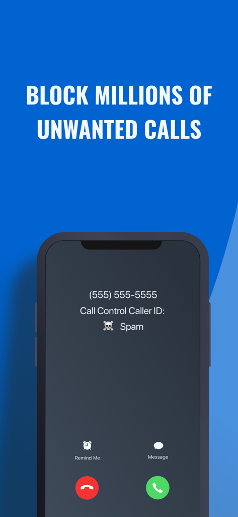 Captura de tela do aplicativo Call Control identificando uma chamada recebida como spam em um smartphone.