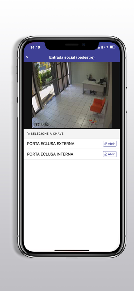 Excel Condomínio Digital - Interfaccia dell'app Excel Digital Condo che mostra un feed di telecamere di sicurezza dal vivo e opzioni di controllo remoto delle porte per l'accesso all'edificio.