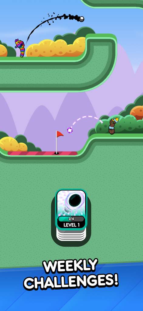 Uno screenshot di gioco di Golf Blitz con un personaggio in un outfit da piñata e una carta sfida settimanale.