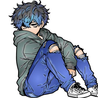 a male hoddie ripped jeans messy hair anime