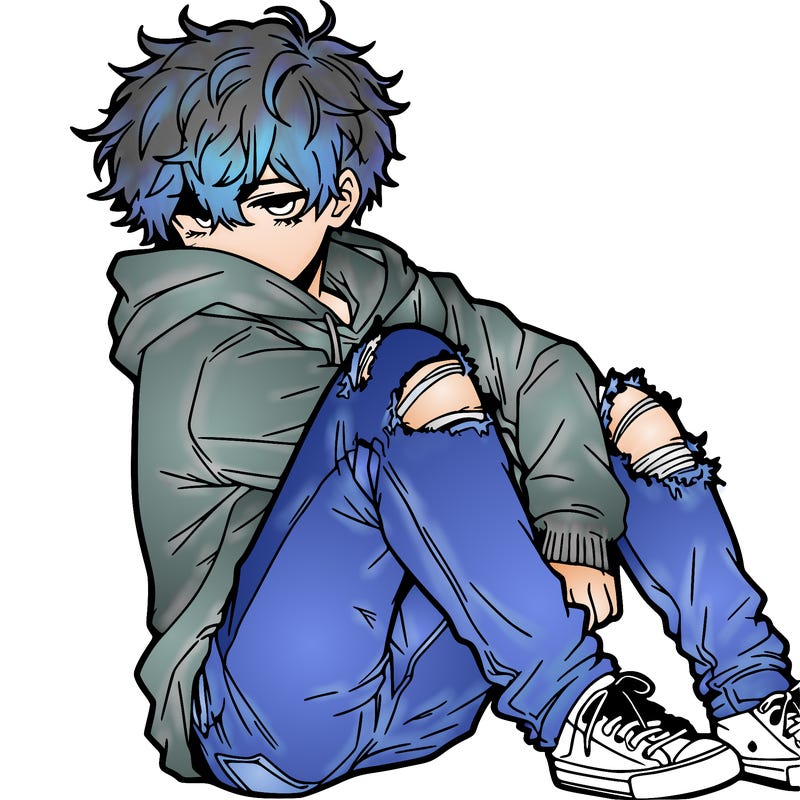 a male hoddie ripped jeans messy hair anime