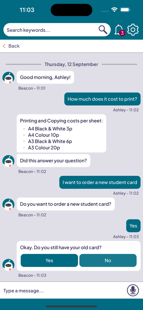 Beacon - Digital Guide - Beacon app chatbot interface providing student support for printing costs and ordering student cards