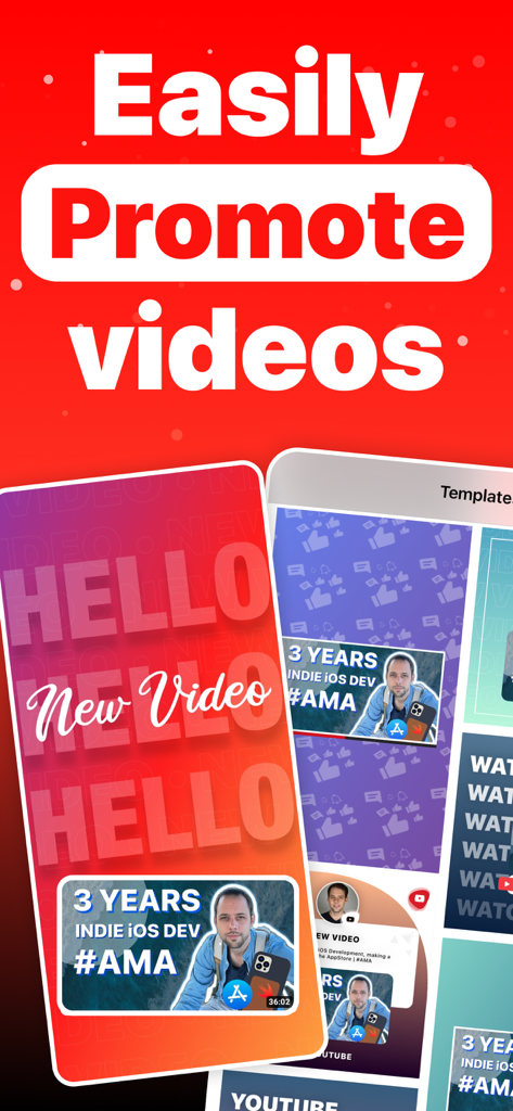 Creatipi app interface showing custom sharing cards and social media templates for YouTube video promotion.
