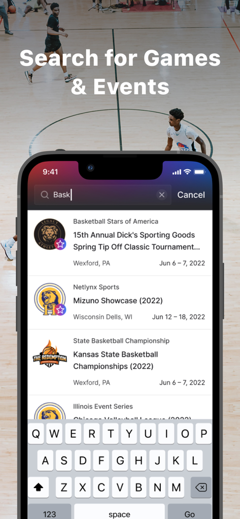 Interfaccia dell'app BallerTV per la ricerca di partite e tornei di sport giovanili