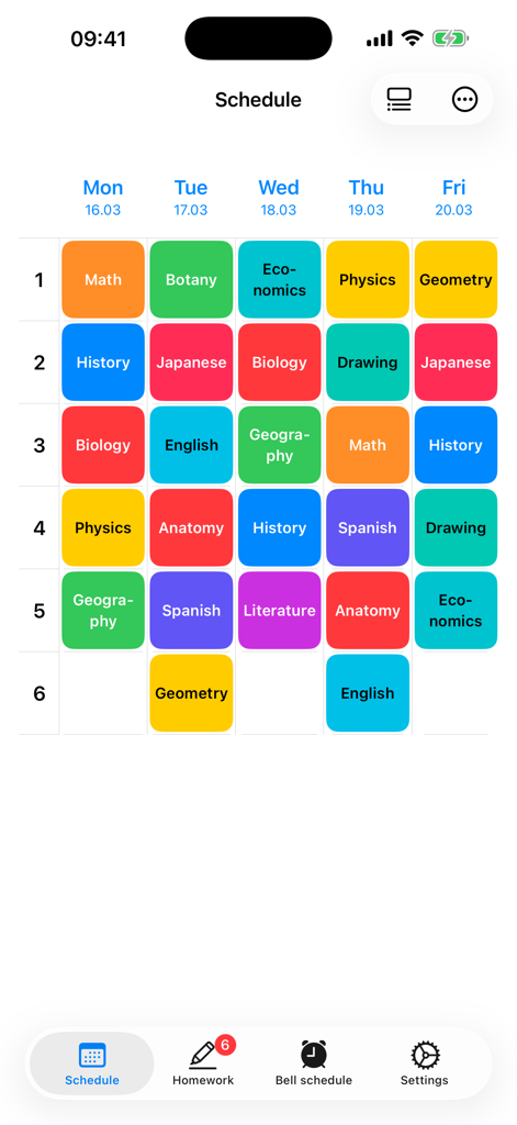 Weekly class schedule view with colorful subject blocks