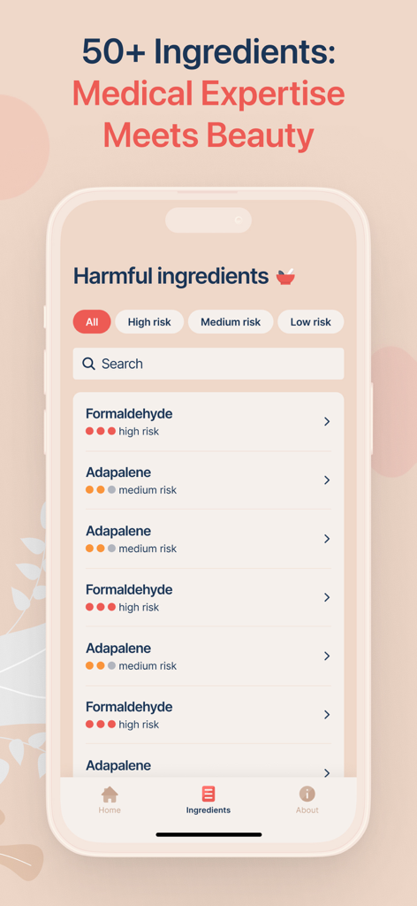 A list of harmful cosmetic ingredients with high and medium risk ratings in the Little Bean app.