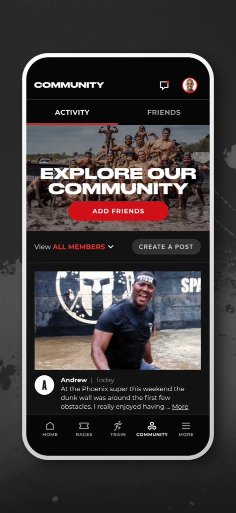 Spartan Race - Spartan Race app community screen showing a social activity feed with racer posts and photos.