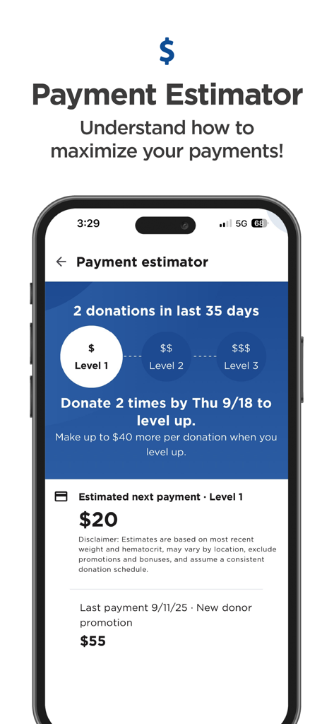 OctaApp mobile interface showing a payment estimator for plasma donations with loyalty levels and earnings history