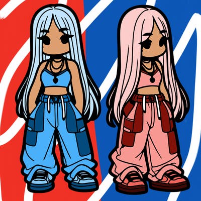 girl in baggy pants crop top and long hair