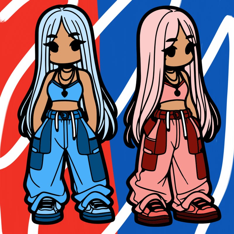 girl in baggy pants crop top and long hair