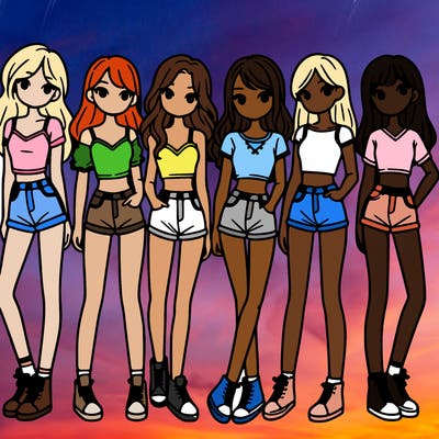 a group of girls wearing crop tops and shorts