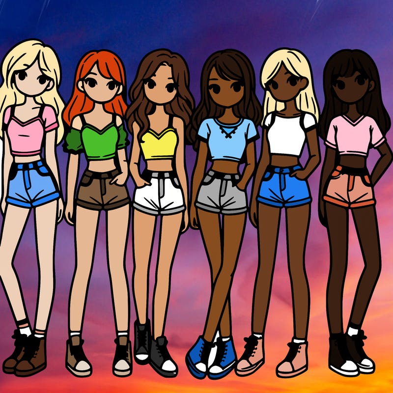 a group of girls wearing crop tops and shorts