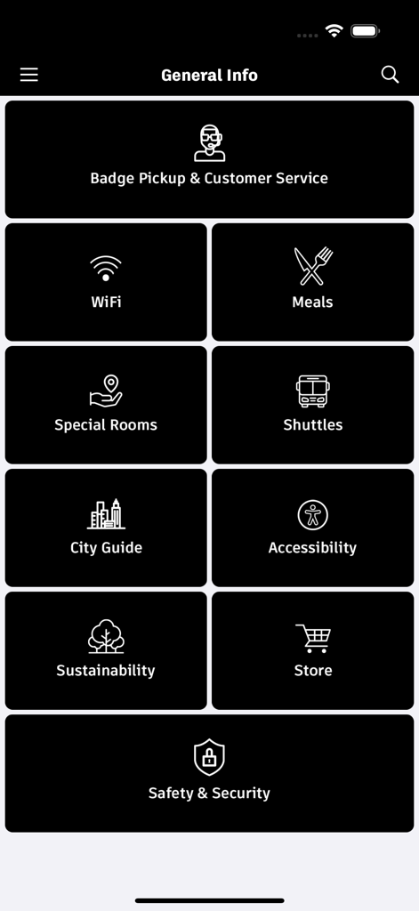 Autodesk | Events - General Info screen of the Autodesk Events app showing icons for attendee services such as WiFi meals and shuttles