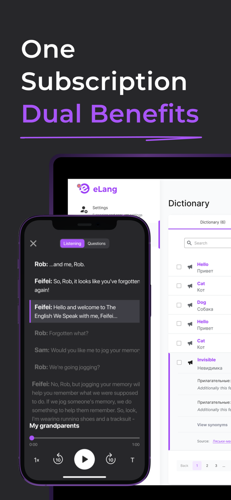 Fluent by Audio & Podcast - Smartphone and tablet displaying English learning transcripts and a personal dictionary in the Fluent app.