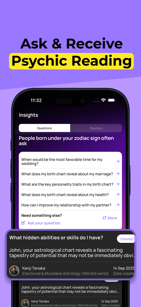 Interfaz de la aplicación Stargaze que muestra la función de lectura psíquica con preguntas de astrología y conocimientos de expertos.