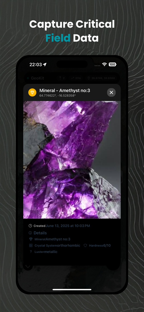 GeoKit: Geology Toolkit - GeoKit app interface showing a field record for an amethyst mineral with photo and geological details