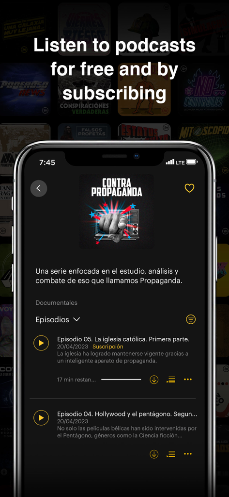 App-Oberfläche von Convoy Network auf einem Smartphone, die eine Liste von Podcast-Episoden der Serie Contra Propaganda anzeigt.