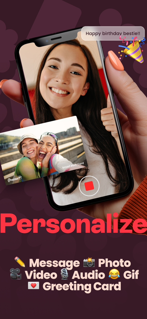 Prezzee eGift cards - スマートフォンでデジタルギフトカード用のパーソナライズされたビデオメッセージを録画する女性