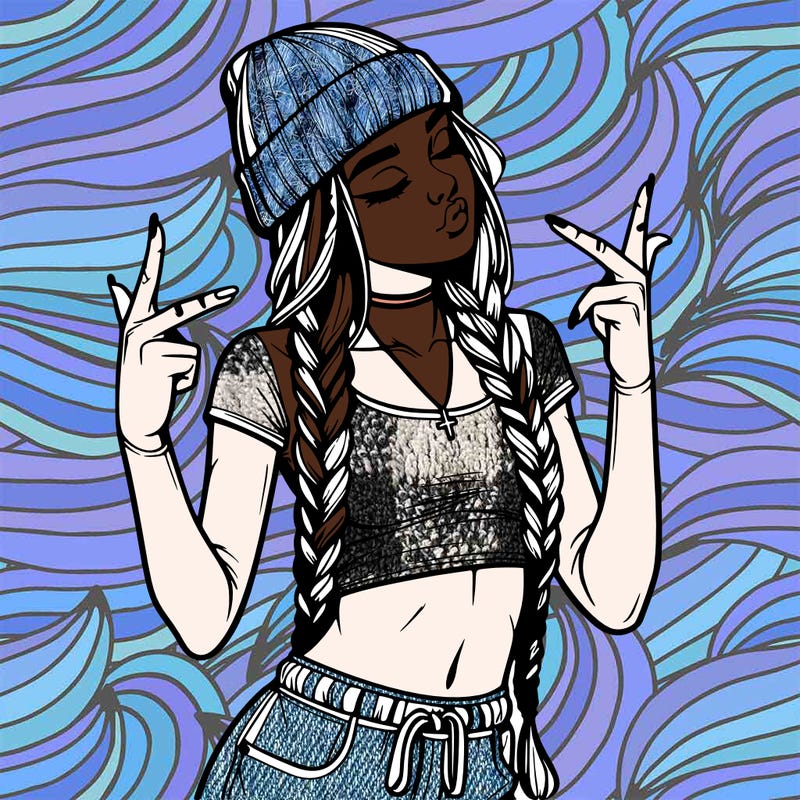 realistic teenage girl with braids and a beanie and crop top doing 🫶🏼