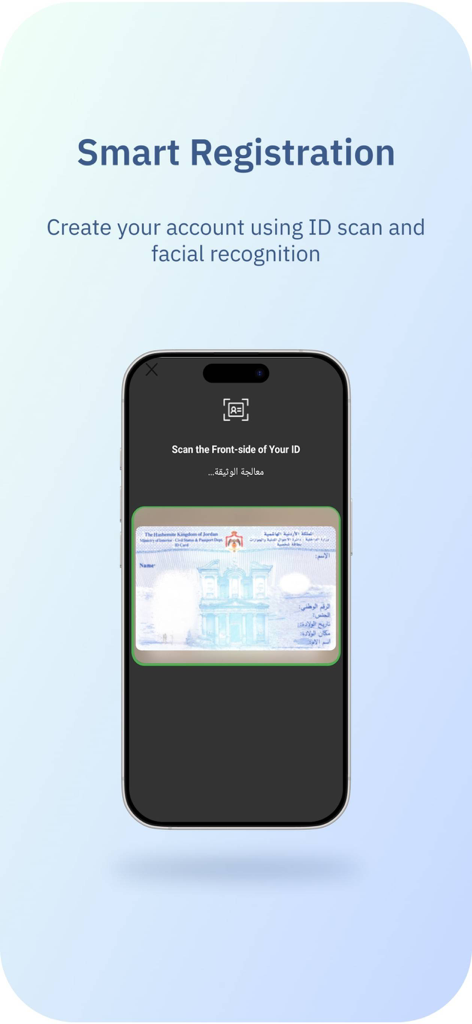 Aplicación del gobierno jordano Sanad que muestra el registro inteligente mediante escaneo de tarjeta de identificación