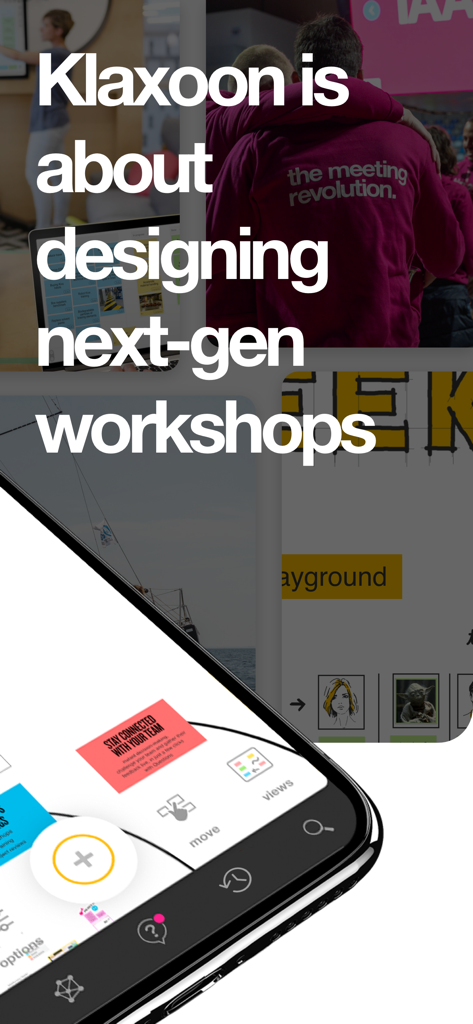 Klaxoon - Klaxoon mobile app screen showcasing next-gen collaborative workshop design tools and digital sticky notes