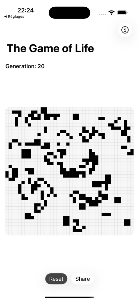 Minimalist grid simulation of The Game of Life app showing generation 20