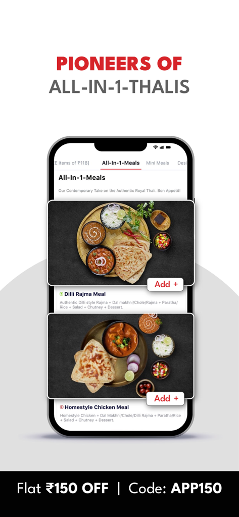 BOX8: Food Delivery App - BOX8 app screen featuring All-In-1-Thali meals like Dilli Rajma and Homestyle Chicken with a promotional discount code