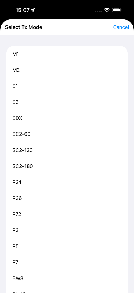 A selection menu showing various SSTV transmission modes like M1 M2 S1 and S2