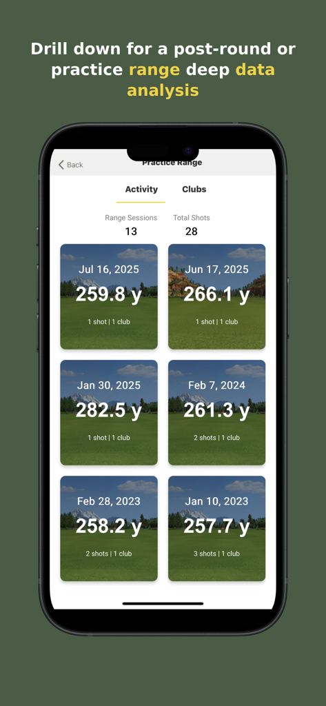 aG Locker - aG Locker app interface showing a practice range history with detailed golf shot data and session analysis