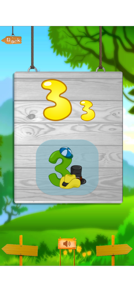 Educational game screen teaching the number three with colorful hats.