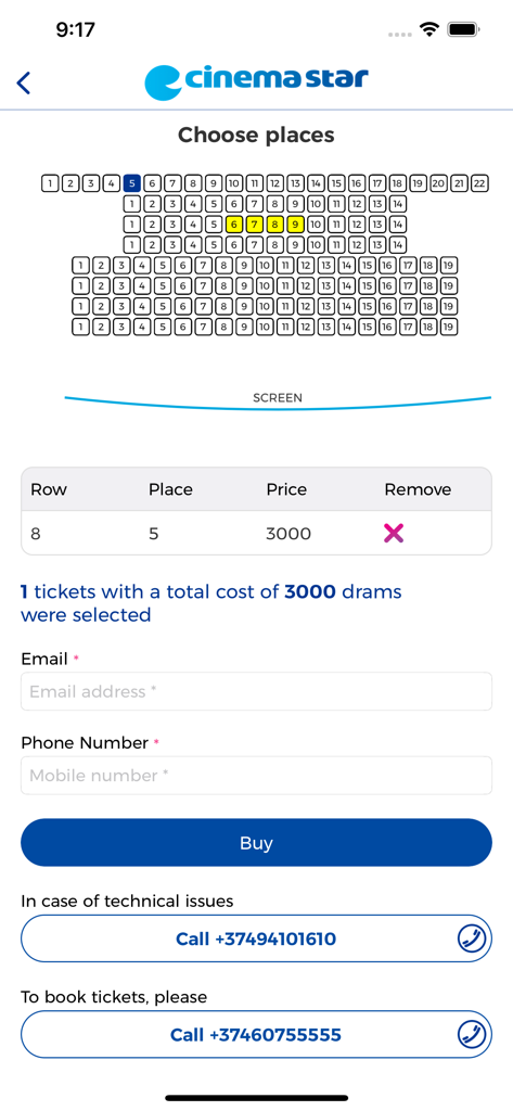 Interfaz de reserva de entradas de cine y selección de asientos de Cinema Star Armenia