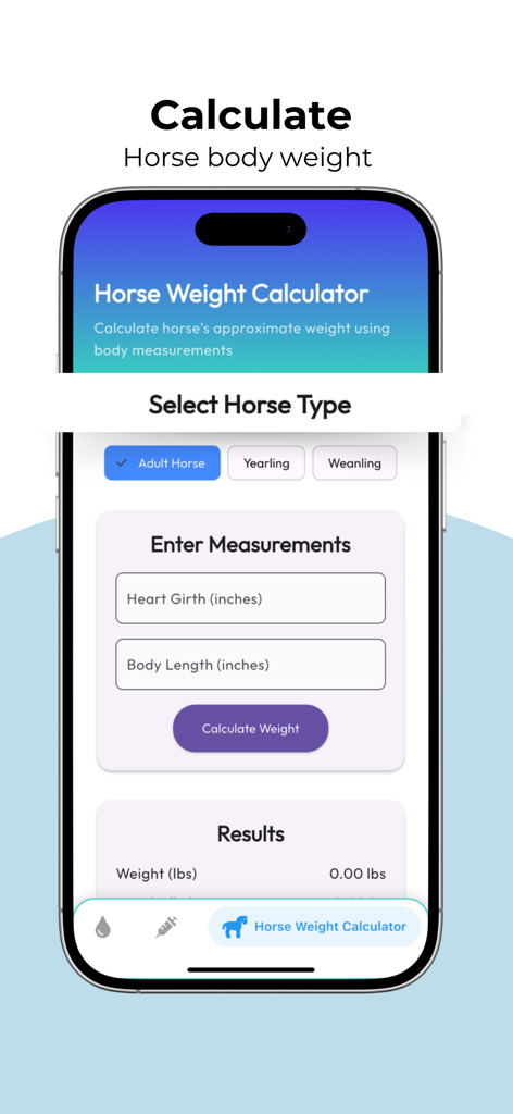 Vetifi - Screenshot of the Vetifi mobile app showing the horse weight calculator screen with measurement inputs for heart girth and body length