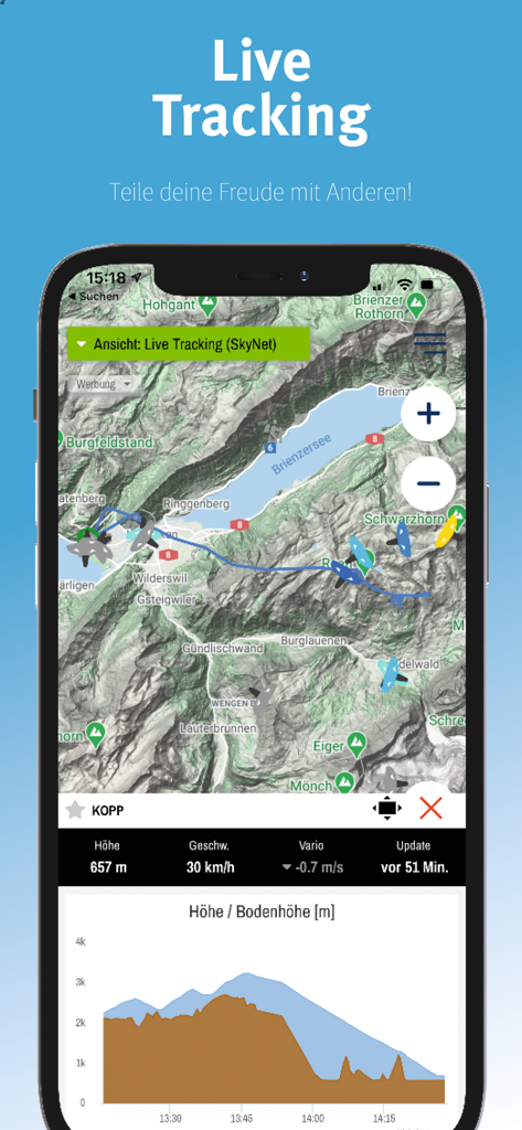 burnair Map - Smartphone screen showing the burnair Map app with live paragliding flight tracking and altitude statistics.