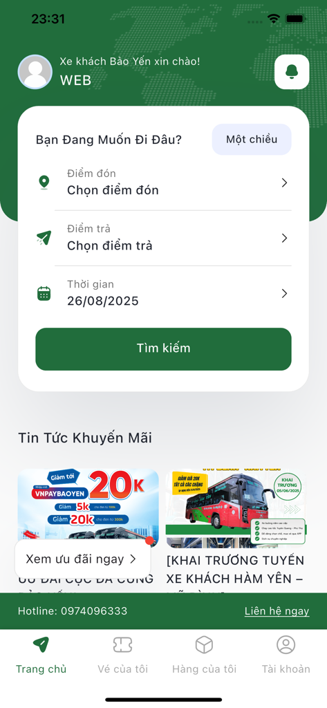 Ecrã principal da aplicação de reservas de autocarros Bao Yen mostrando a interface de pesquisa de bilhetes para rotas entre Hanói e Tuyên Quang