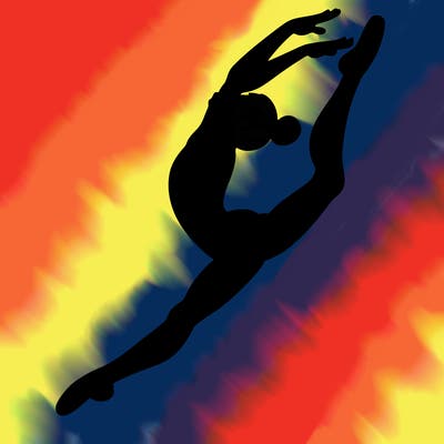 gymnast doing a leap in a leotard with a bent back leg