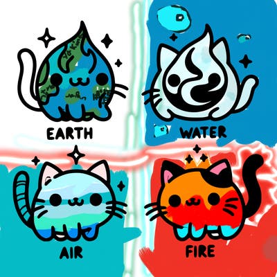 4 cats that represent the different elements, earth, water, air, and fire