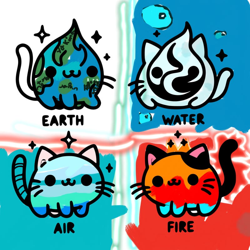 4 cats that represent the different elements, earth, water, air, and fire