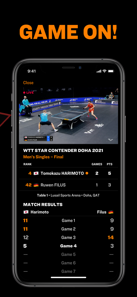 Dashboard delle partite in diretta nell'app WTT che mostra i risultati in tempo reale del tennis da tavolo e le classifiche dei giocatori.
