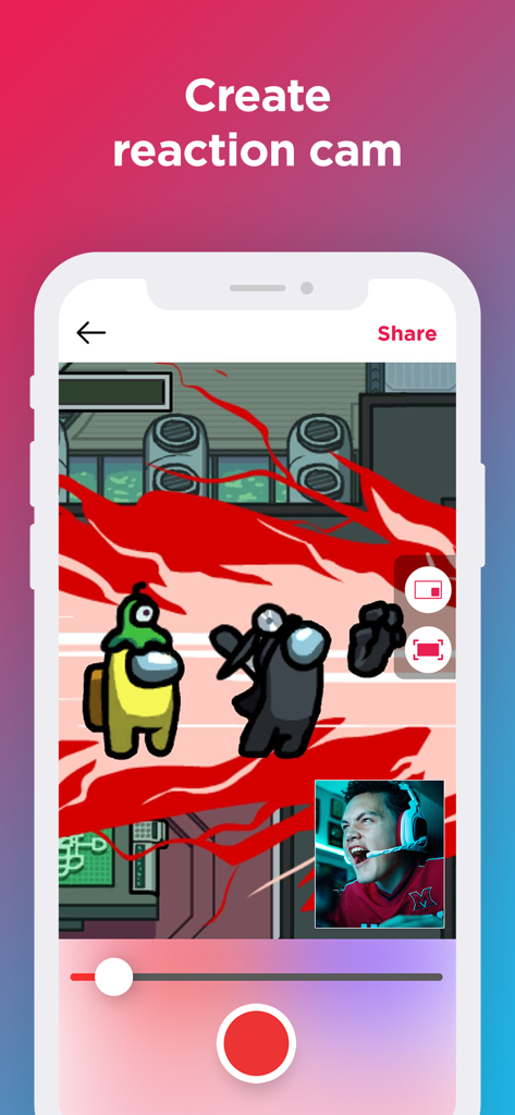 A mobile gamer using the reaction cam feature to record gameplay with their face on screen