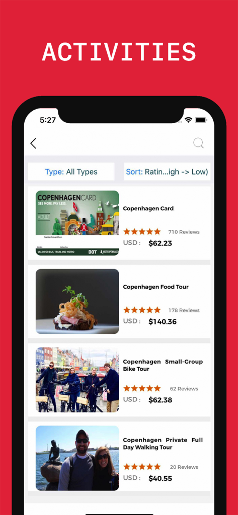 Copenhagen Travel Guide - Eine Liste von buchbaren Aktivitäten in der Kopenhagen Reiseführer App, einschließlich Food-Touren, Bikertouren und der City Card mit Preisen und Bewertungen.