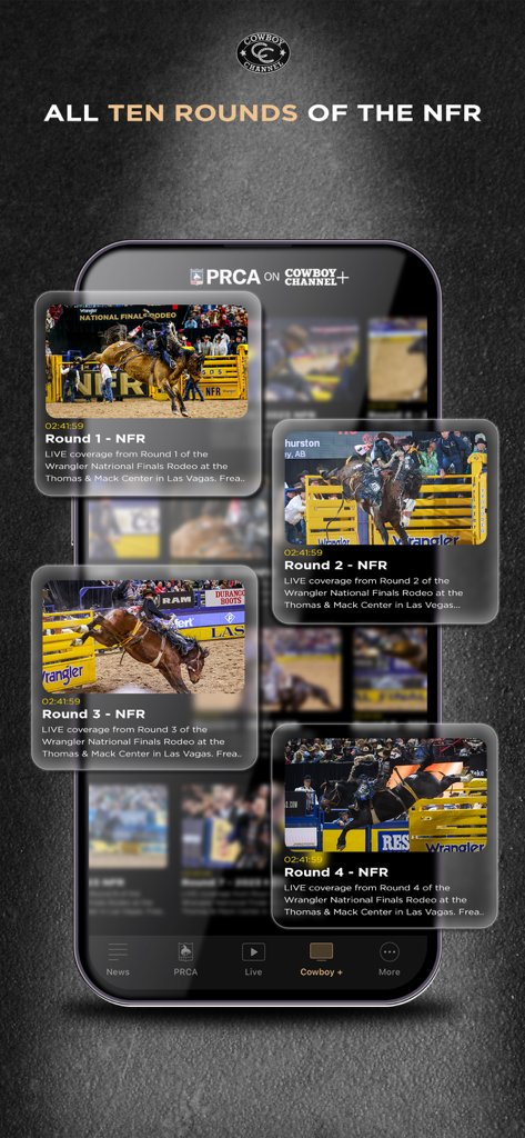 La pantalla de la aplicación Cowboy Channel Plus mostrando rondas de video del National Finals Rodeo.