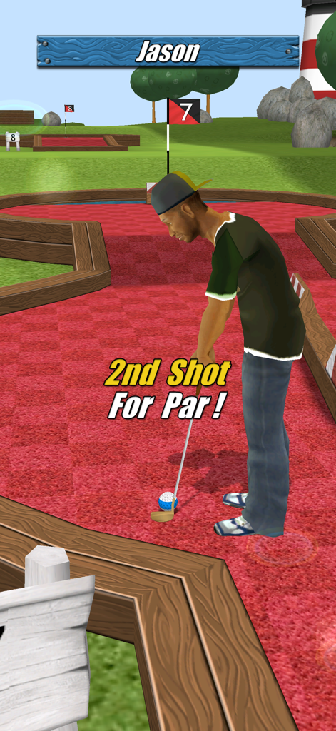 Un personaje 3D llamado Jason se prepara para un segundo tiro para par en un campo de minigolf en My Golf 3D.