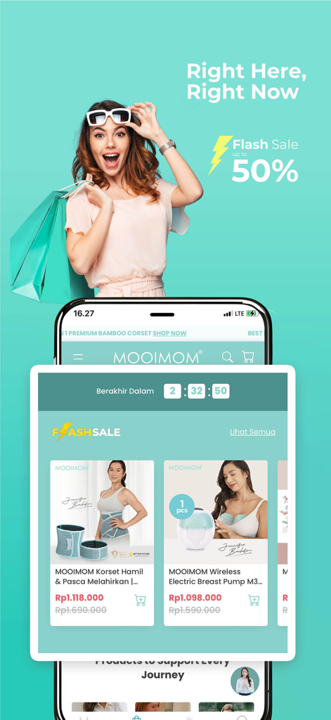 MOOIMOM SmartFlow® - Écran de téléphone portable montrant les ventes flash de l'application MOOIMOM SmartFlow sur les produits de maternité et les essentiels post-partum.