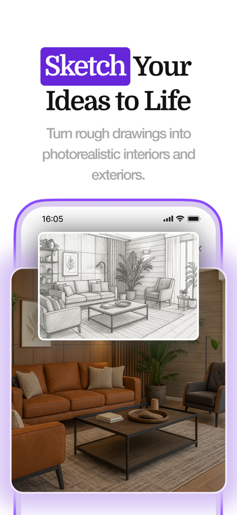 Home Design AI - Remodel Room - Una aplicación de diseño de interiores con IA que transforma un boceto dibujado a mano de una sala de estar en un render 3D fotorrealista.