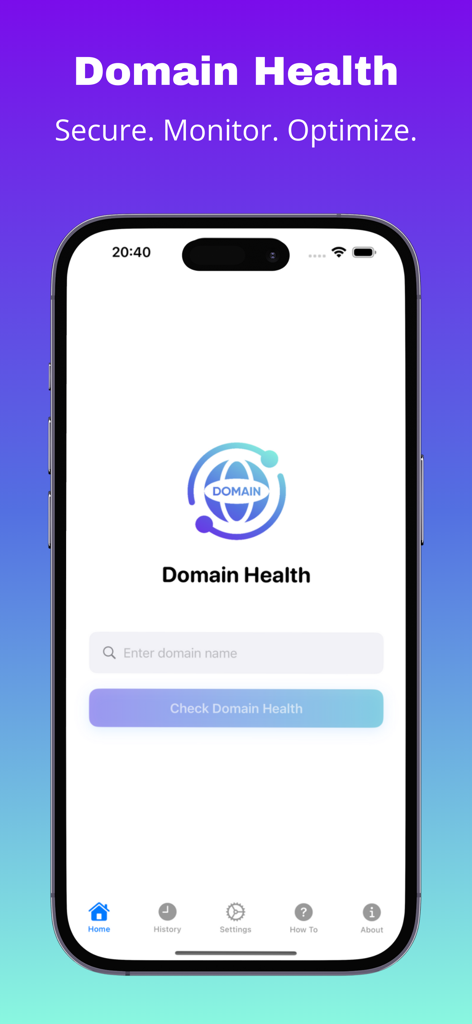 Tela inicial do aplicativo Saúde do Domínio mostrando uma barra de pesquisa de nome de domínio e botão de verificação de saúde em um iPhone.