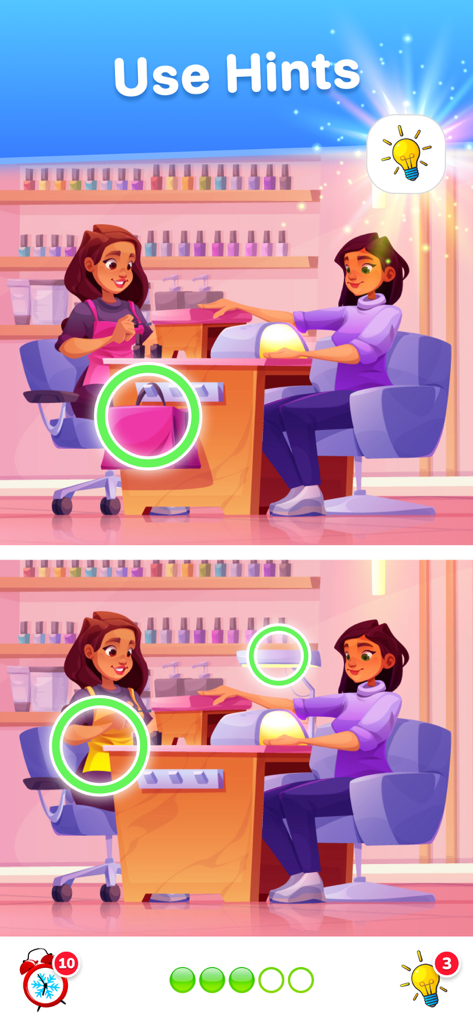 A spot the difference game screen showing a nail salon scene with differences circled in green and a hint lightbulb icon.