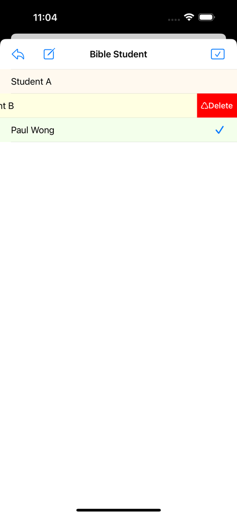 A list of Bible students with management options in the Ministry Service Report app
