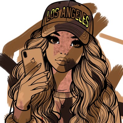 realistic beautiful girl wearing los ángeles cap holding an iphone