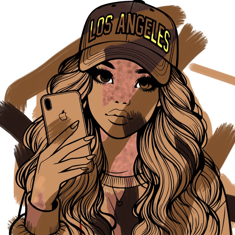 realistic beautiful girl wearing los ángeles cap holding an iphone