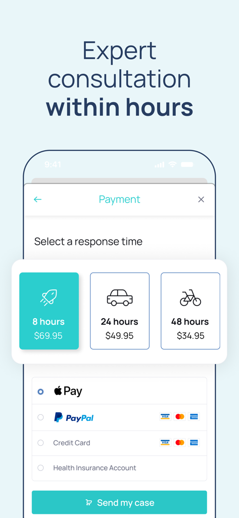 Dermatology First Derm - First Derm app payment screen showing different response time options and pricing for a dermatology consultation